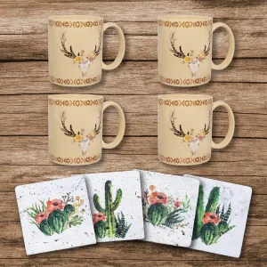 Desert Skull Mug & Cactus Blooms Coaster Set