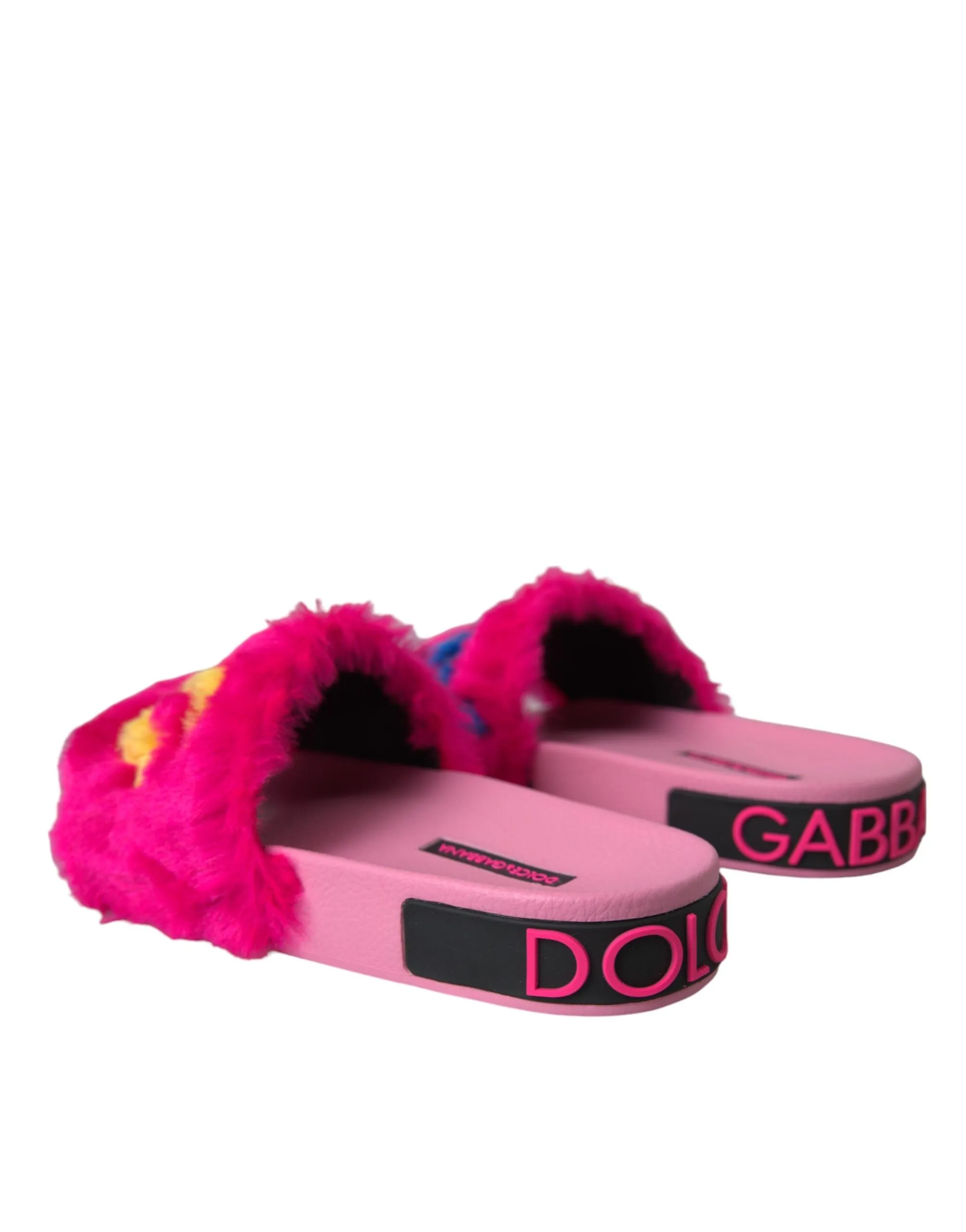 Dolce & Gabbana Pink Embroidered Fur Slides