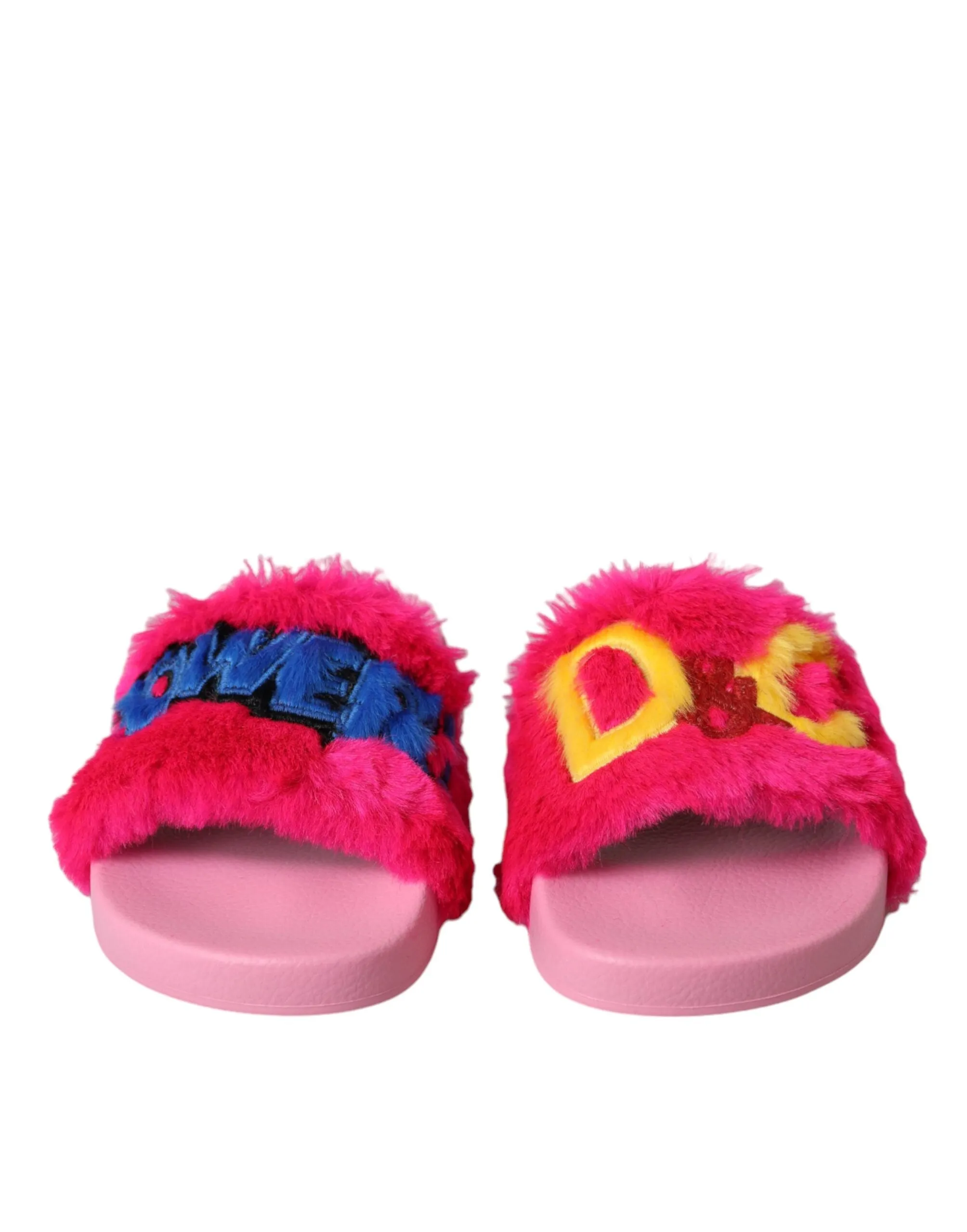 Dolce & Gabbana Pink Embroidered Fur Slides