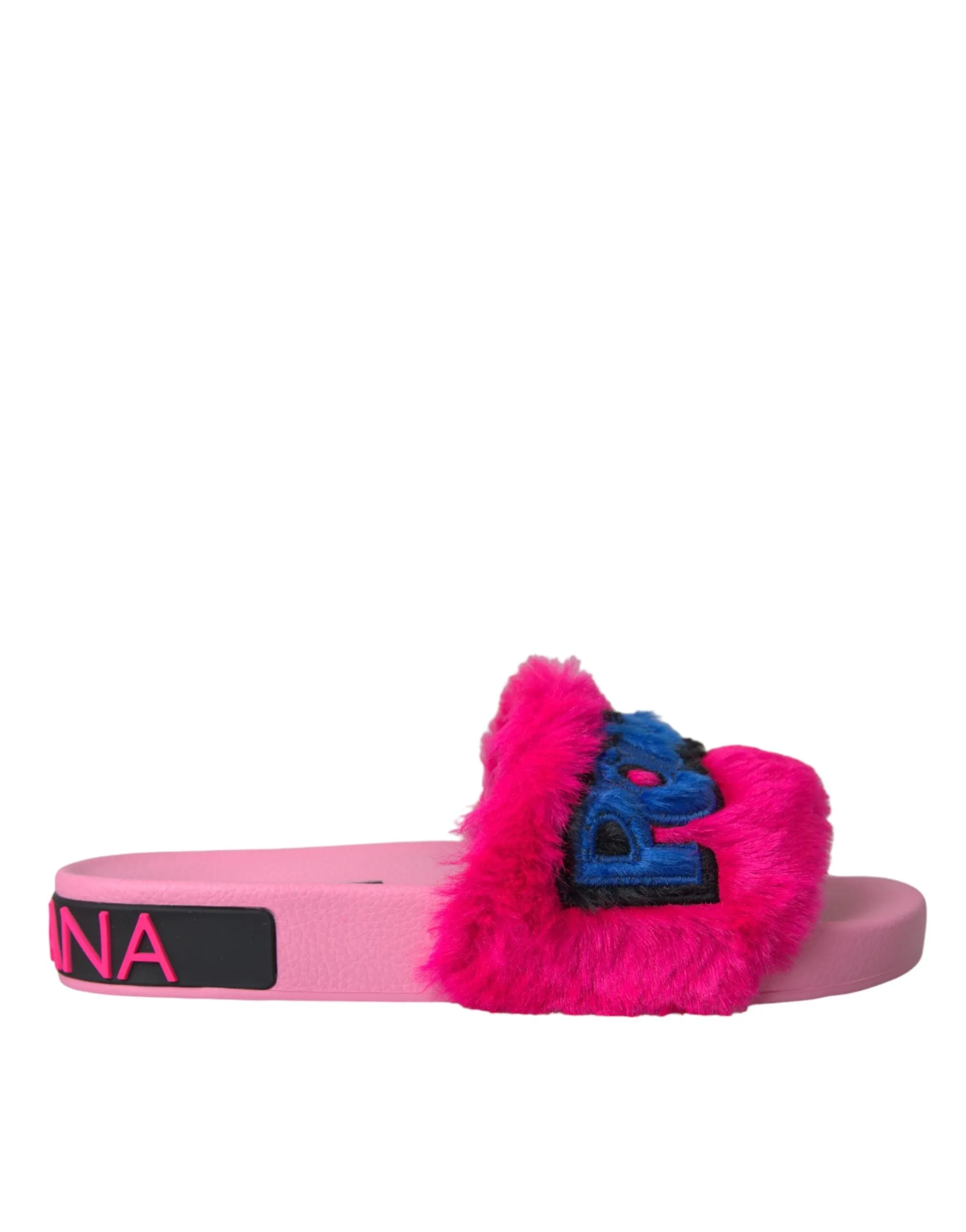 Dolce & Gabbana Pink Embroidered Fur Slides