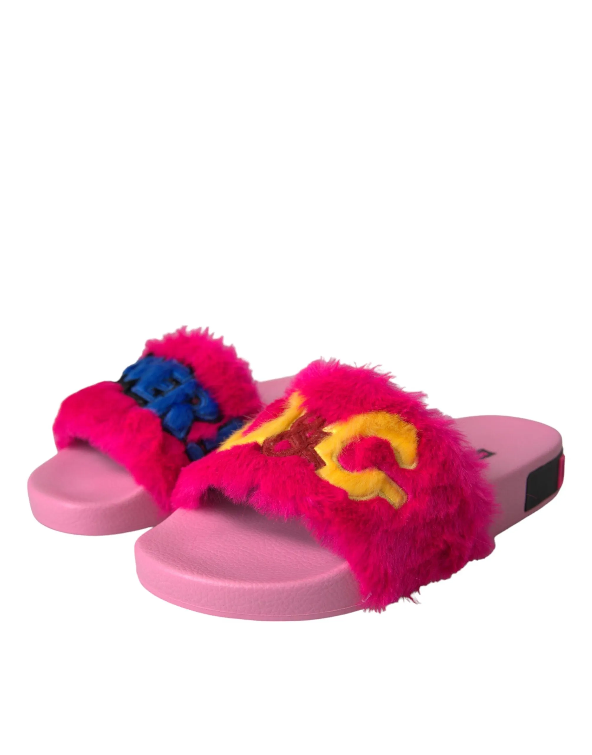 Dolce & Gabbana Pink Embroidered Fur Slides