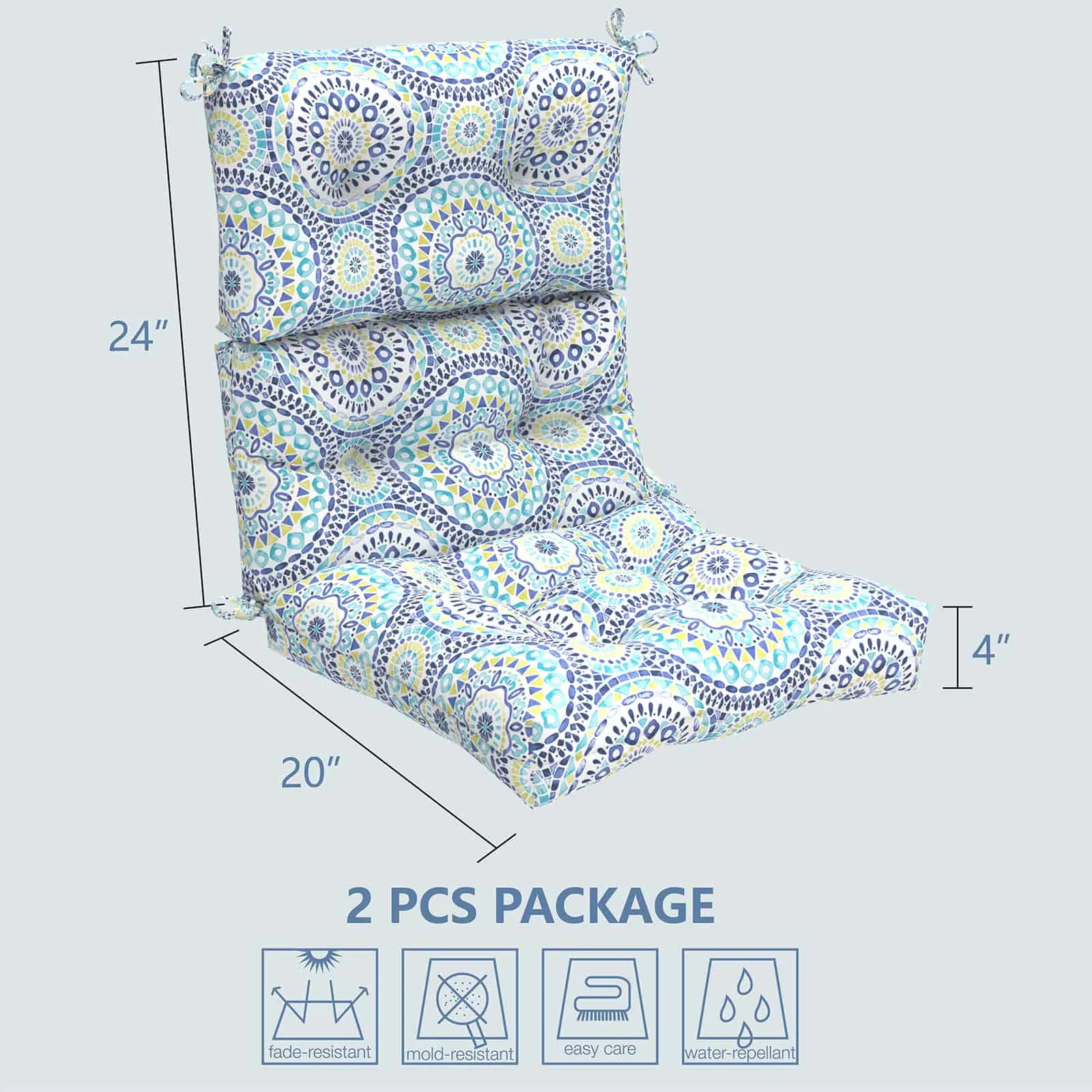 LVTXIII Outdoor High Back Patio Chair Cushion 44''X24''X4'' Delancey Lagoon（Set of 2）