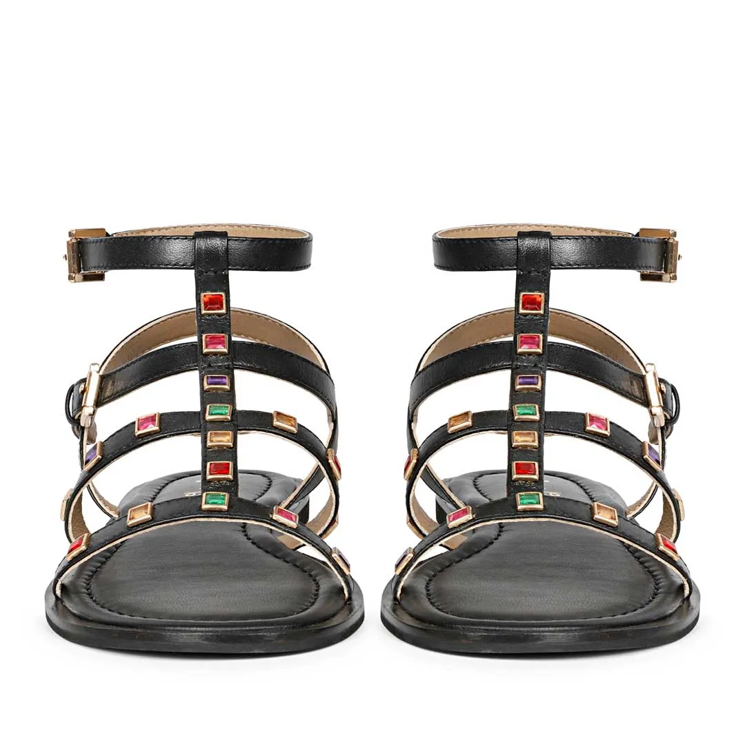Saint Melina Multi Stone Studded Black Leather Sandals
